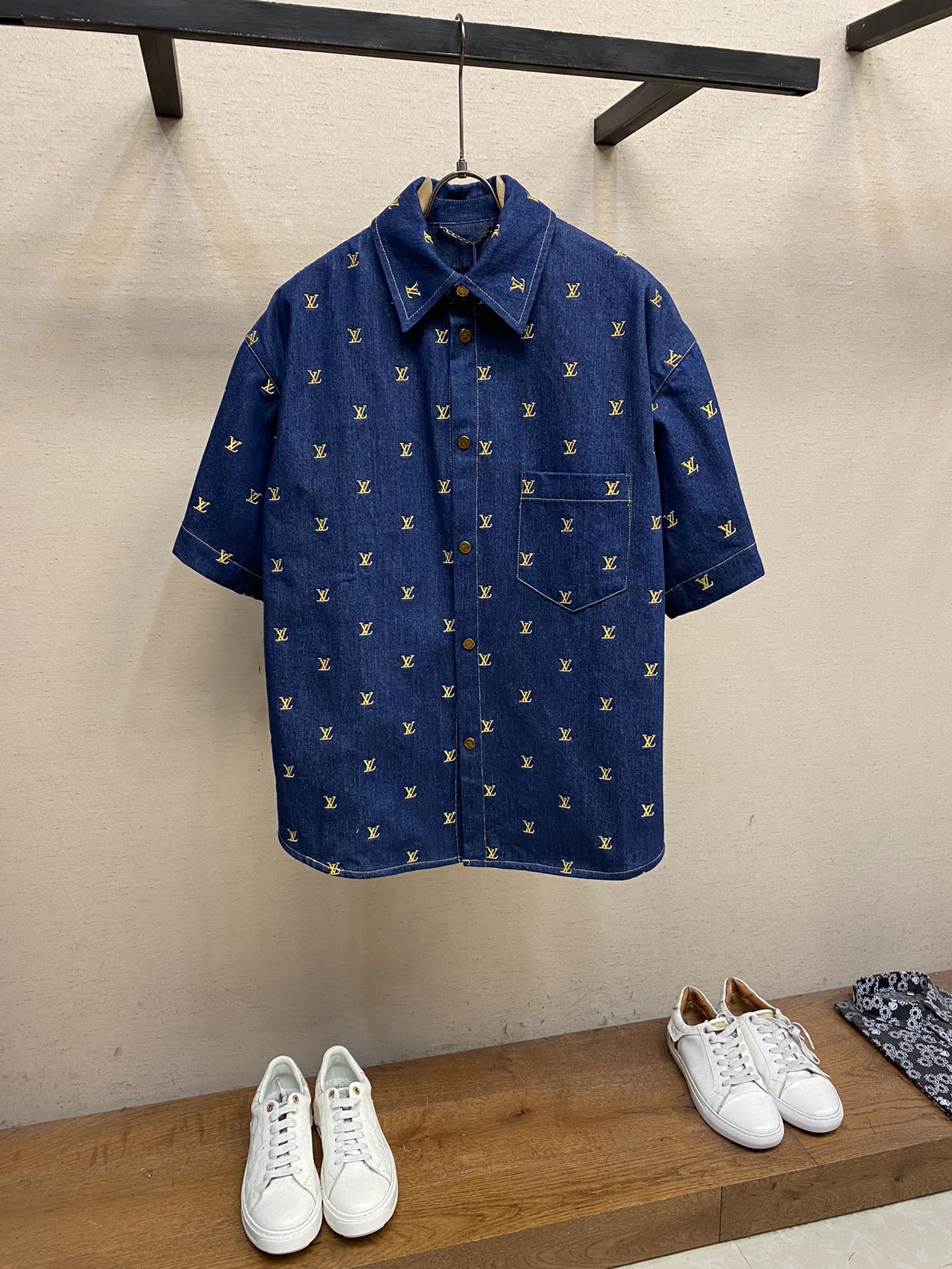 Louis Vuitton Embroidered Signature Short-Sleeved Denim Shirt