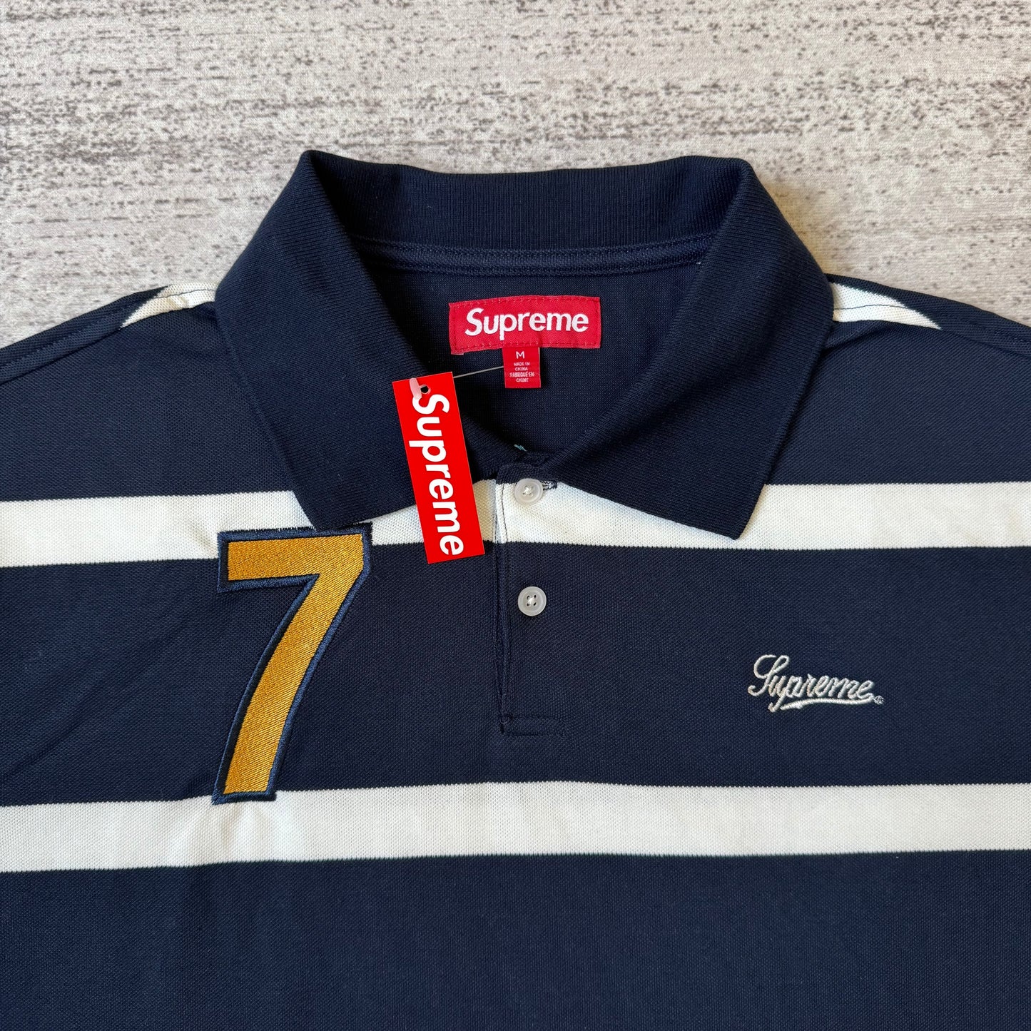 Supreme Cursive Polo 'Navy Stripe'