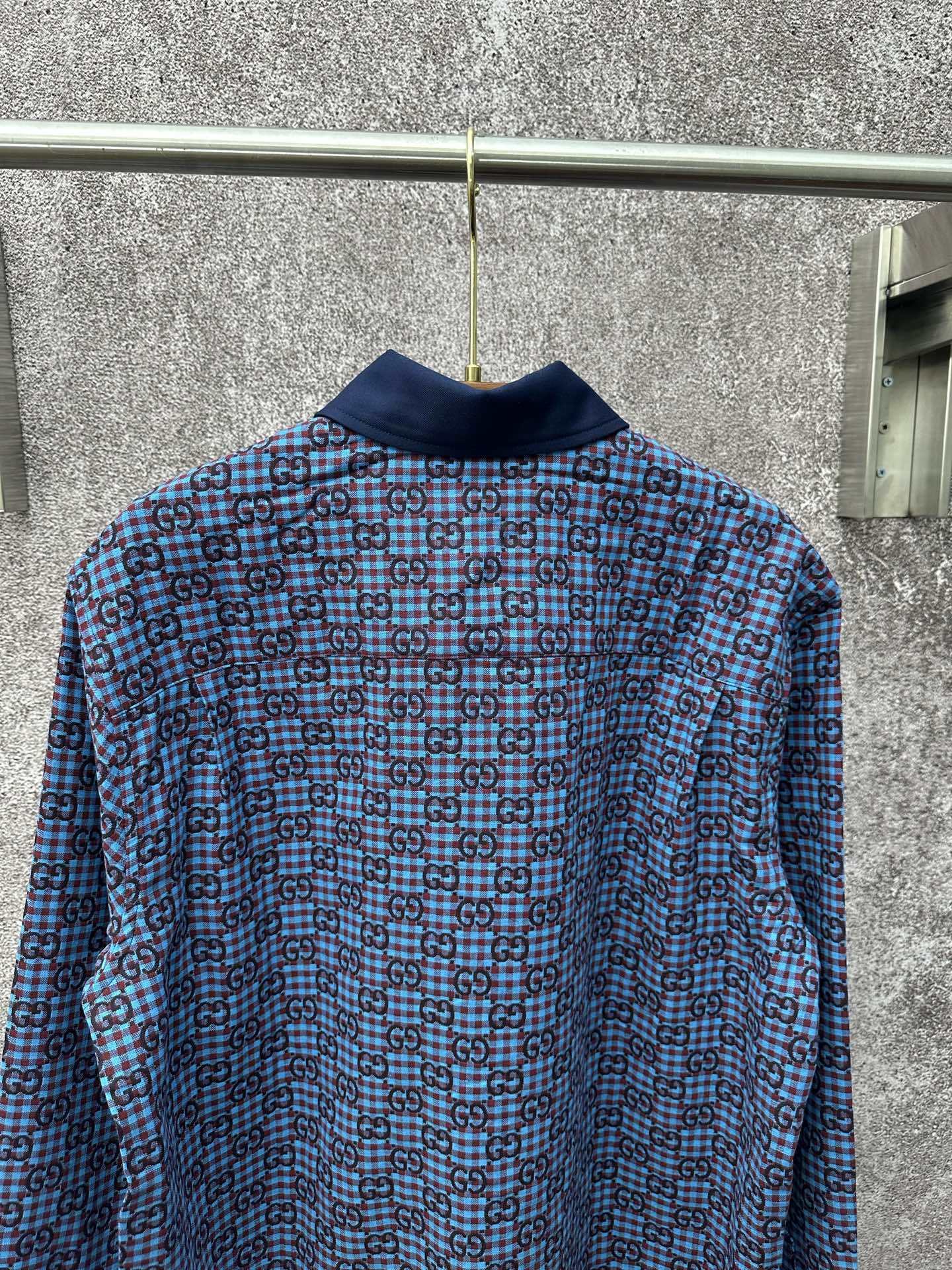 GG vichy cotton wool jacquard shirt in light blue and bordeaux