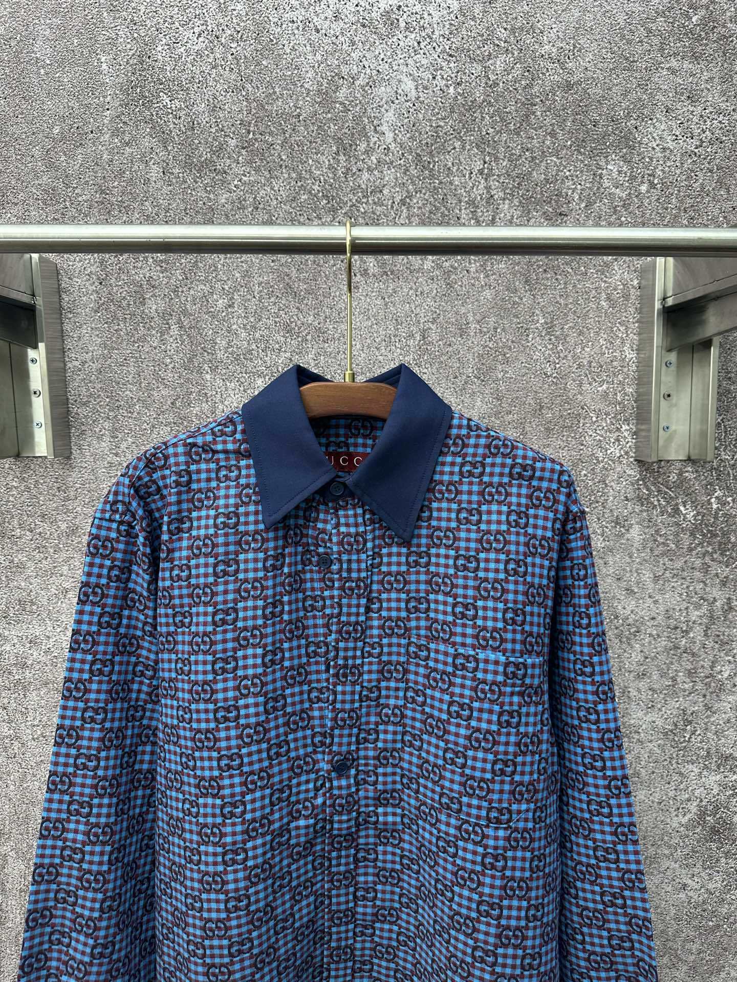 GG vichy cotton wool jacquard shirt in light blue and bordeaux