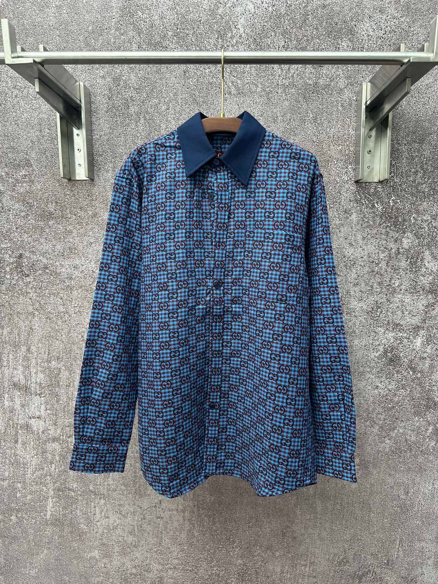 GG vichy cotton wool jacquard shirt in light blue and bordeaux