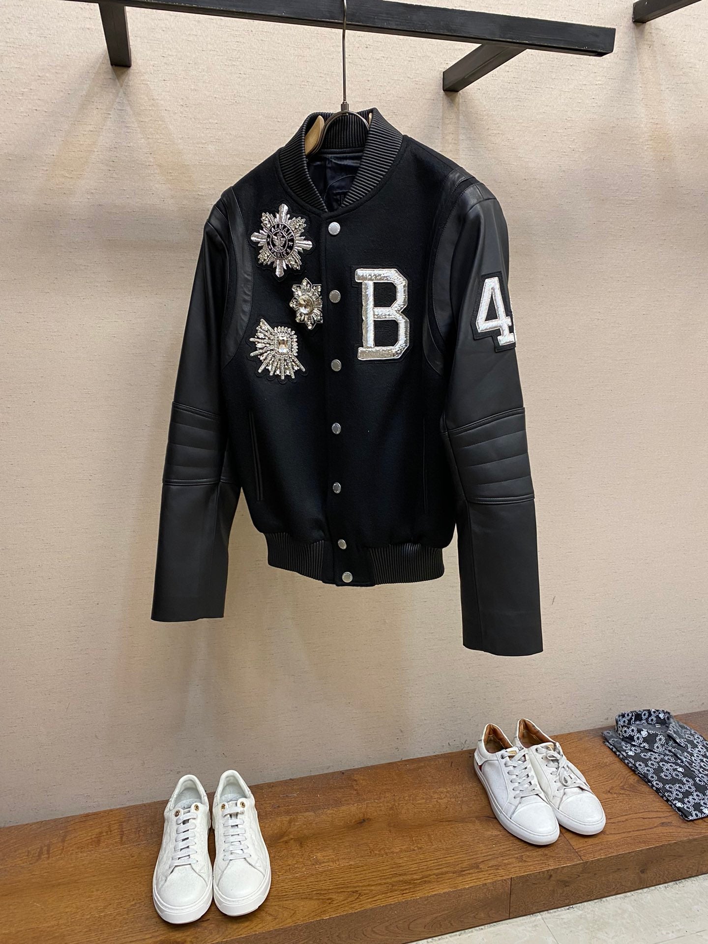 Balmain appliqué hooded leather jacket