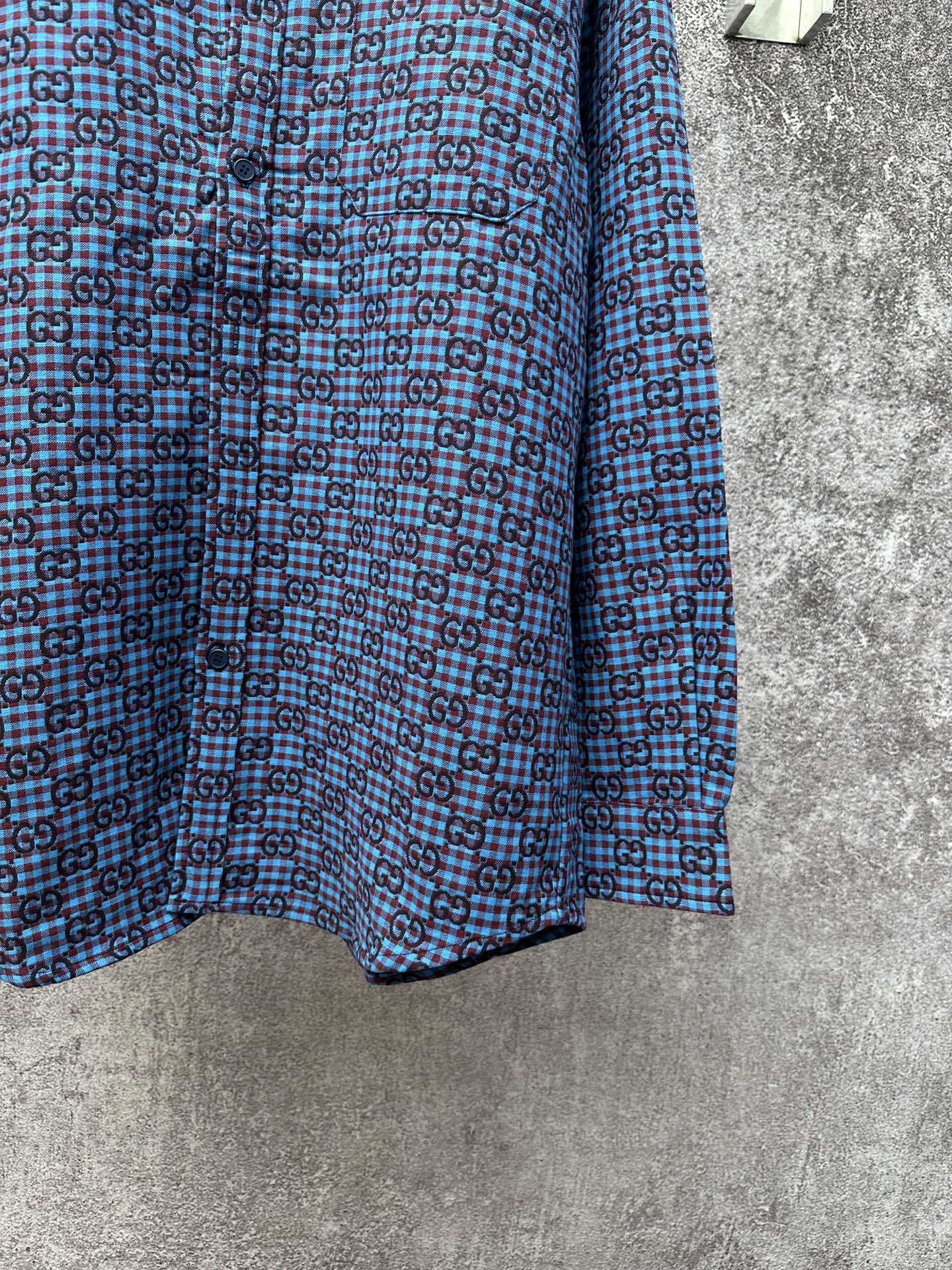 GG vichy cotton wool jacquard shirt in light blue and bordeaux