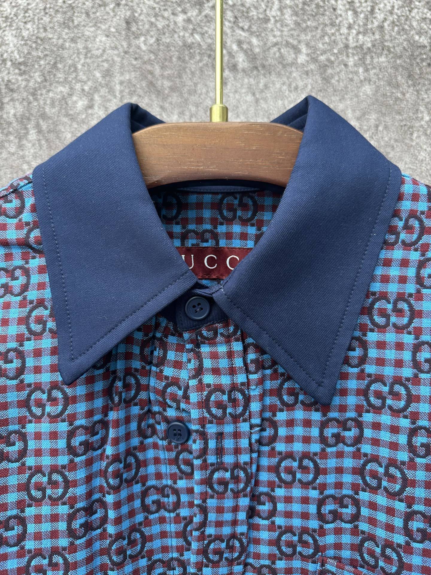 GG vichy cotton wool jacquard shirt in light blue and bordeaux