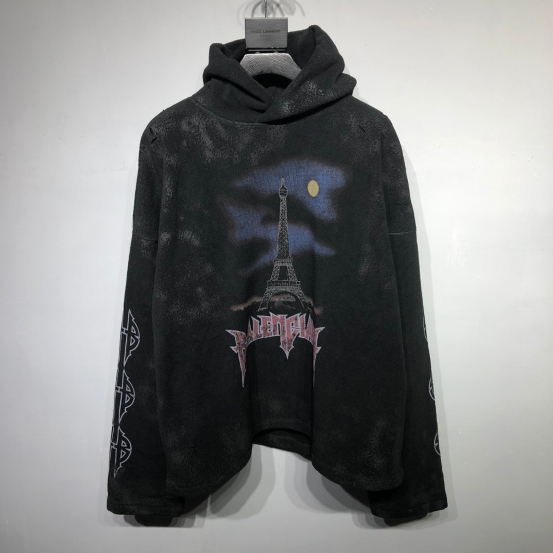 BB Paris Moon Crinkled Hoodie Large Fit in Black