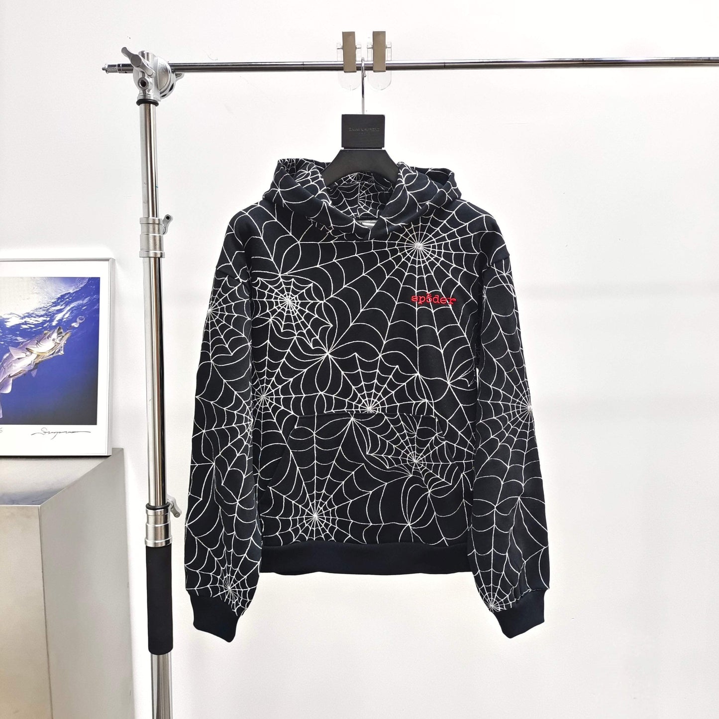 Sp5der Embroidered Web AOP Hooded Sweatshirt Black