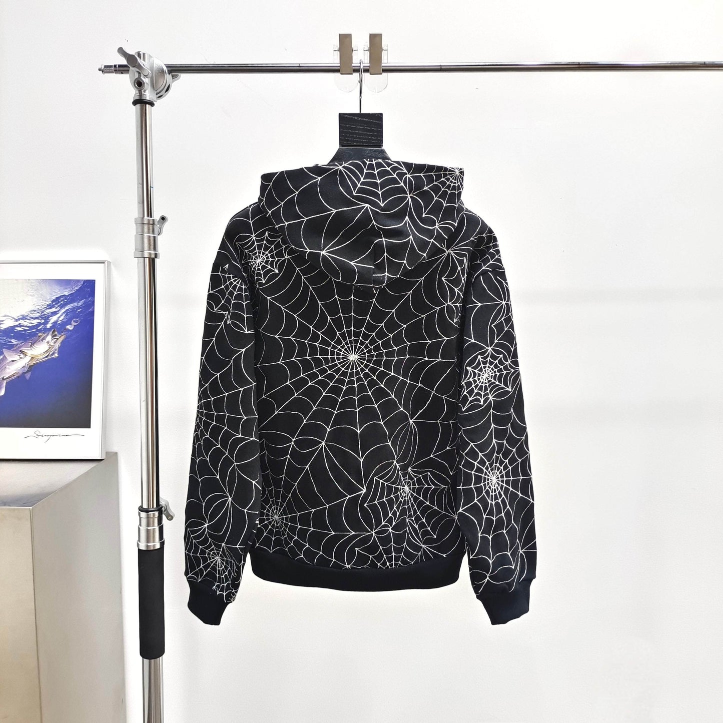 Sp5der Embroidered Web AOP Hooded Sweatshirt Black