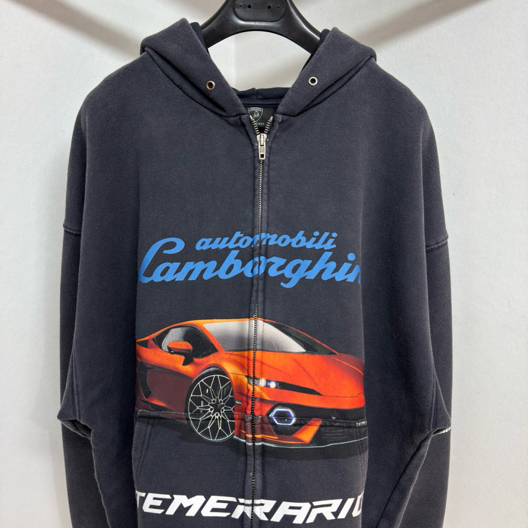 BB I Automobili Lamborghini Zip-up Hoodie Small Fit in Black Faded