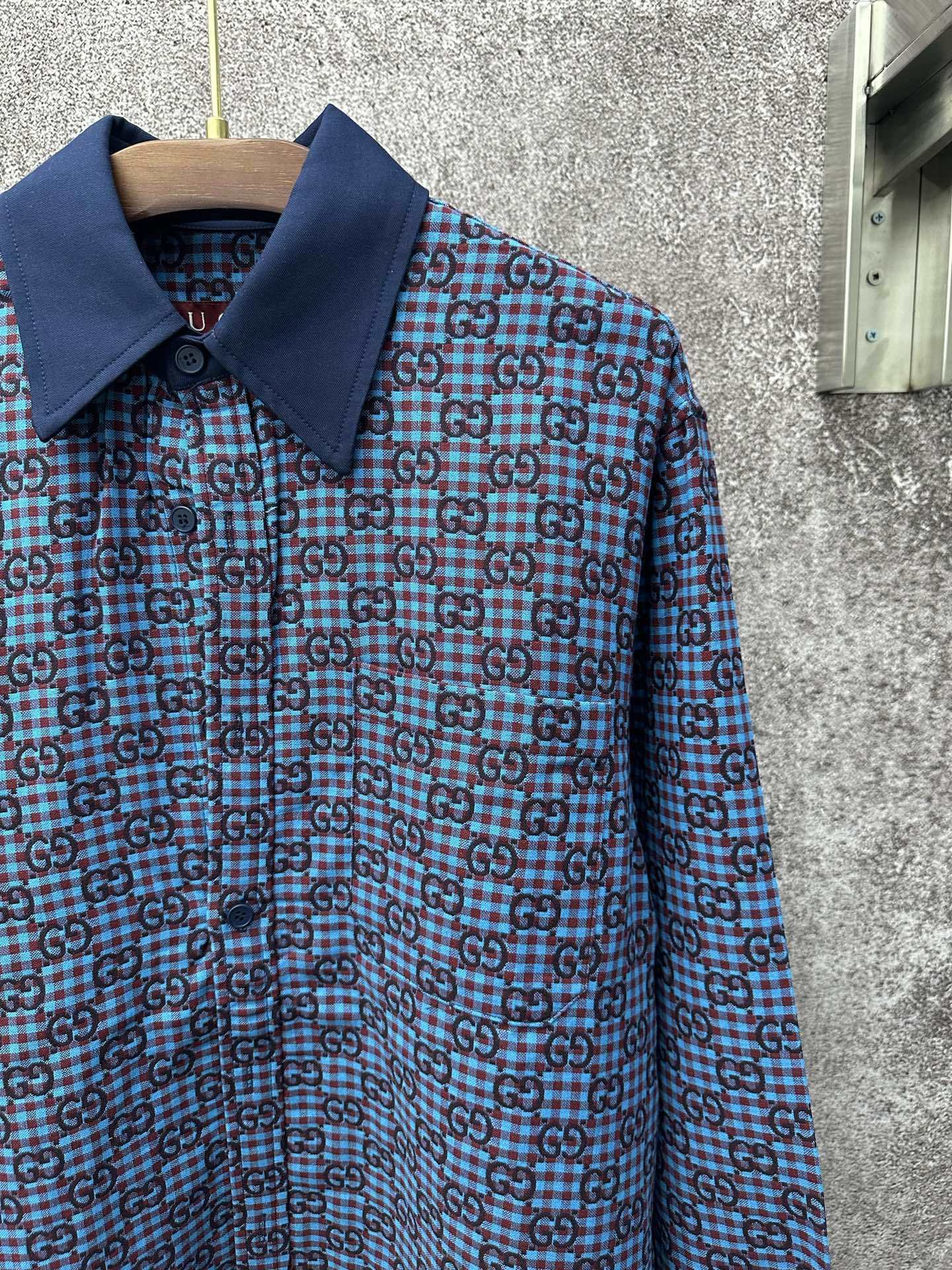 GG vichy cotton wool jacquard shirt in light blue and bordeaux