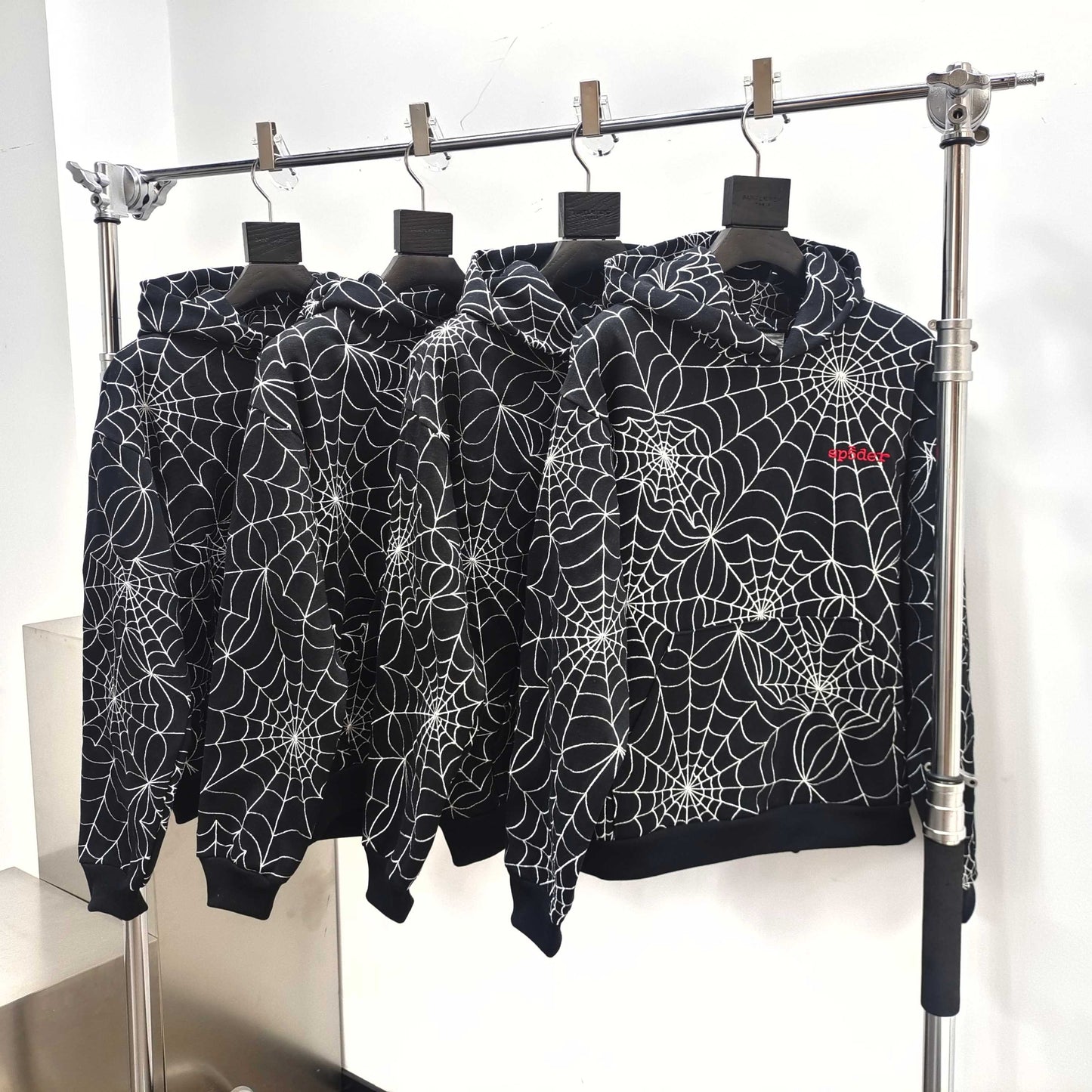 Sp5der Embroidered Web AOP Hooded Sweatshirt Black