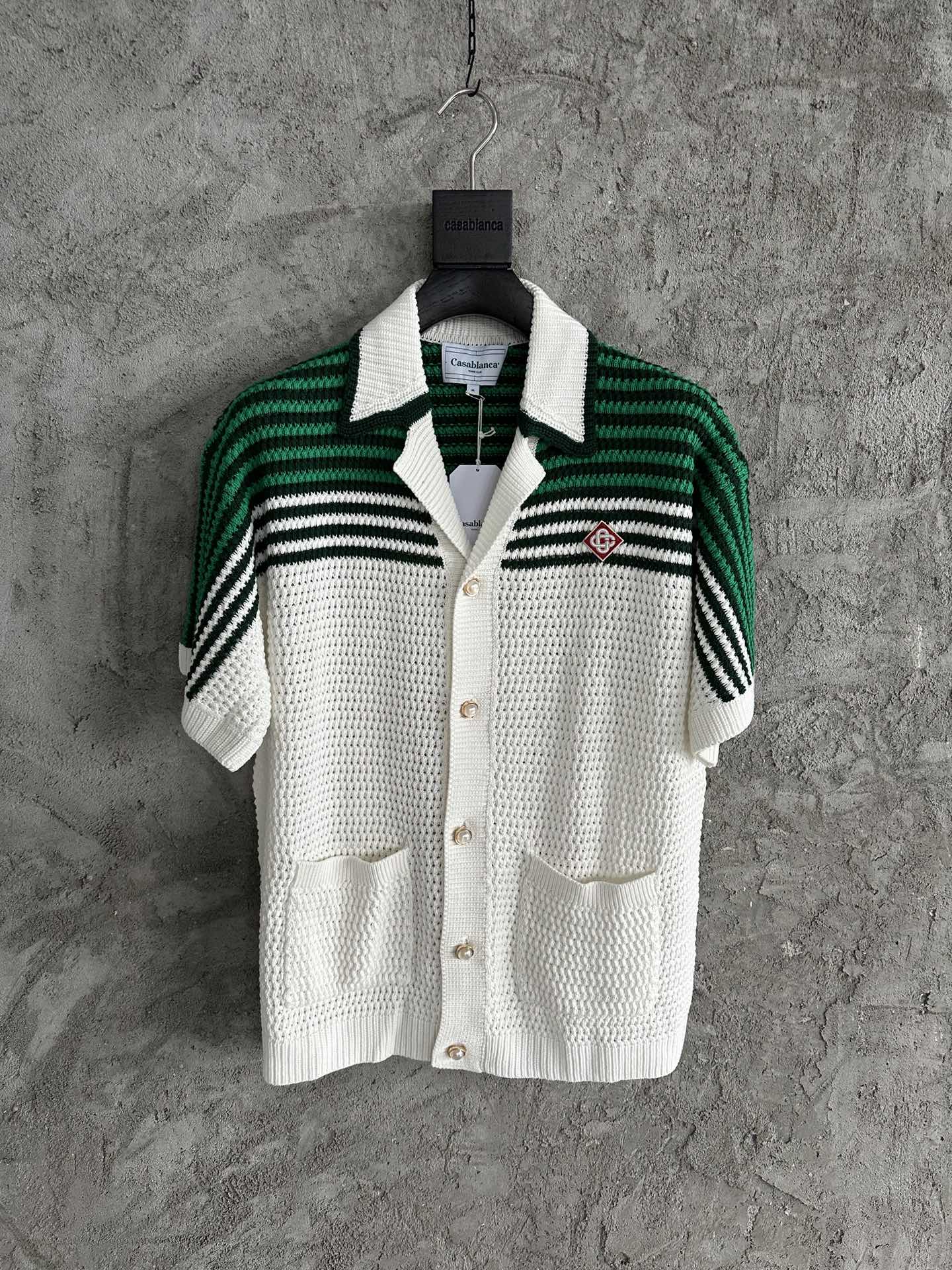Casablanca Camp-Collar Striped Crochet-Knit Cotton Shirt