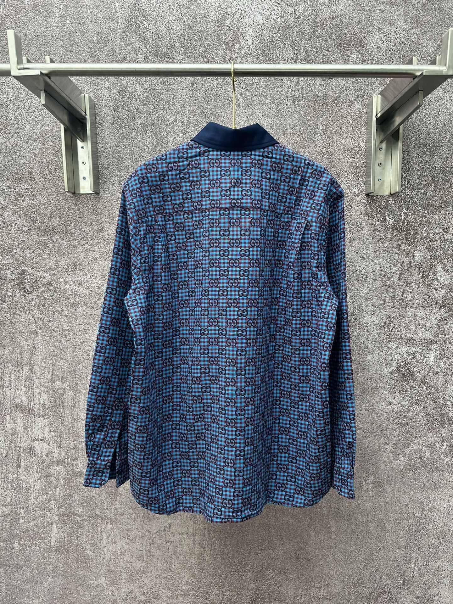 GG vichy cotton wool jacquard shirt in light blue and bordeaux
