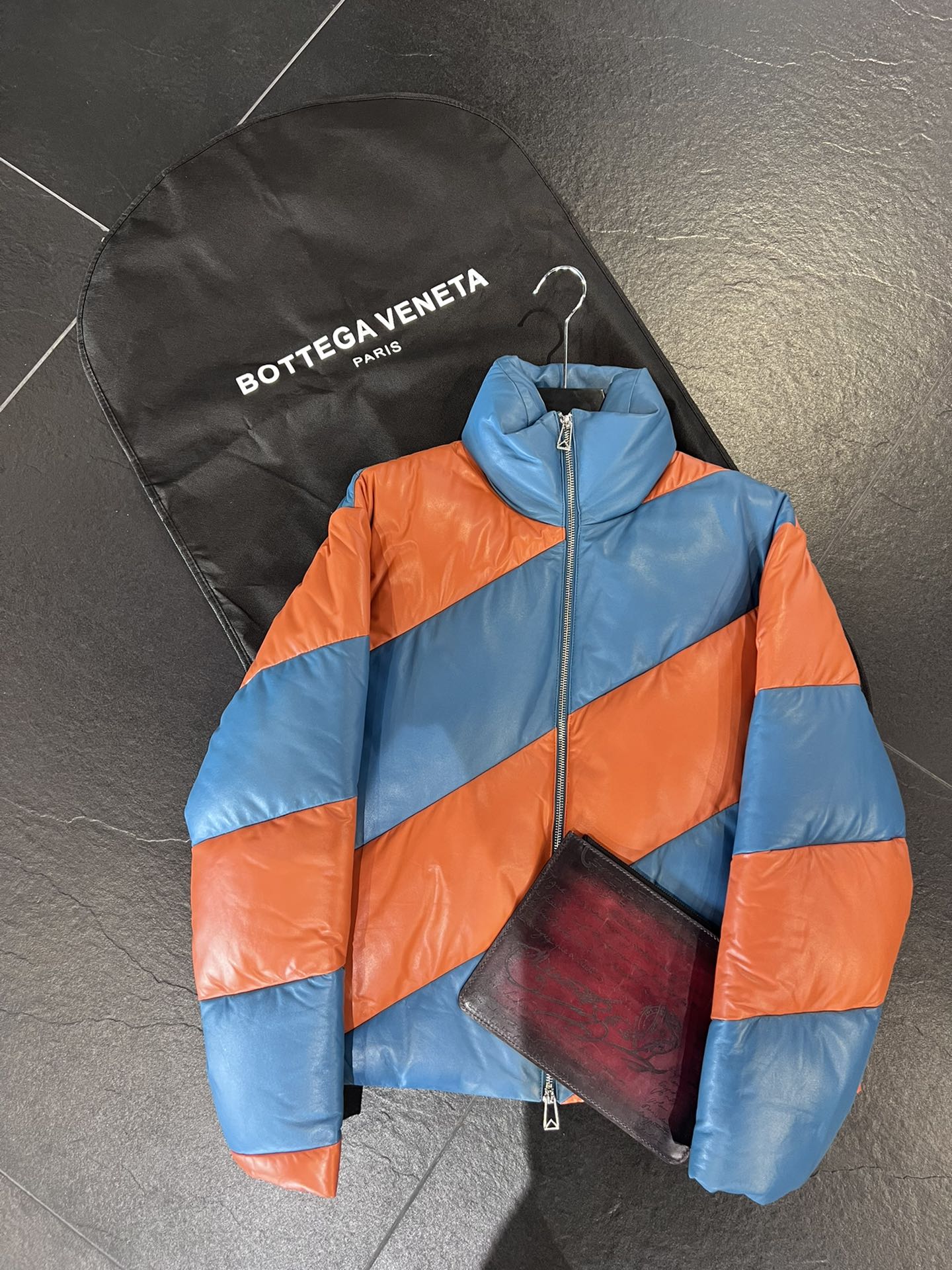 Bottega Veneta Orange/Blue Leather Puffer Jacket