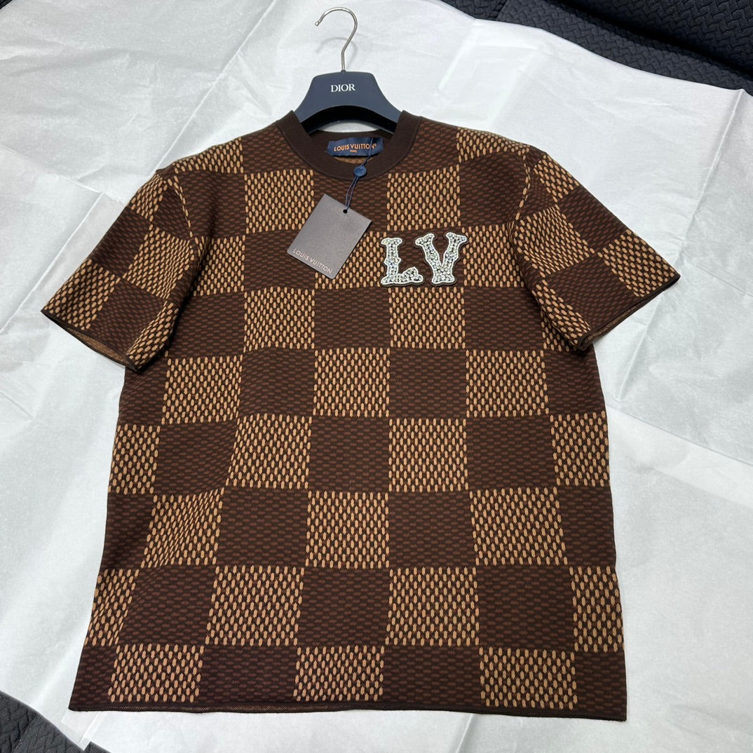 LV Damier Crewneck Tee With Crystal LV Patch