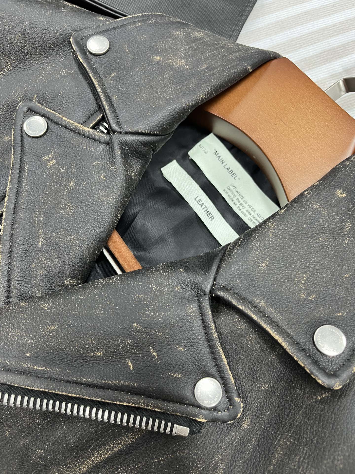 Off-White Women's Black Diagonal Stripes Leather Biker Jacket