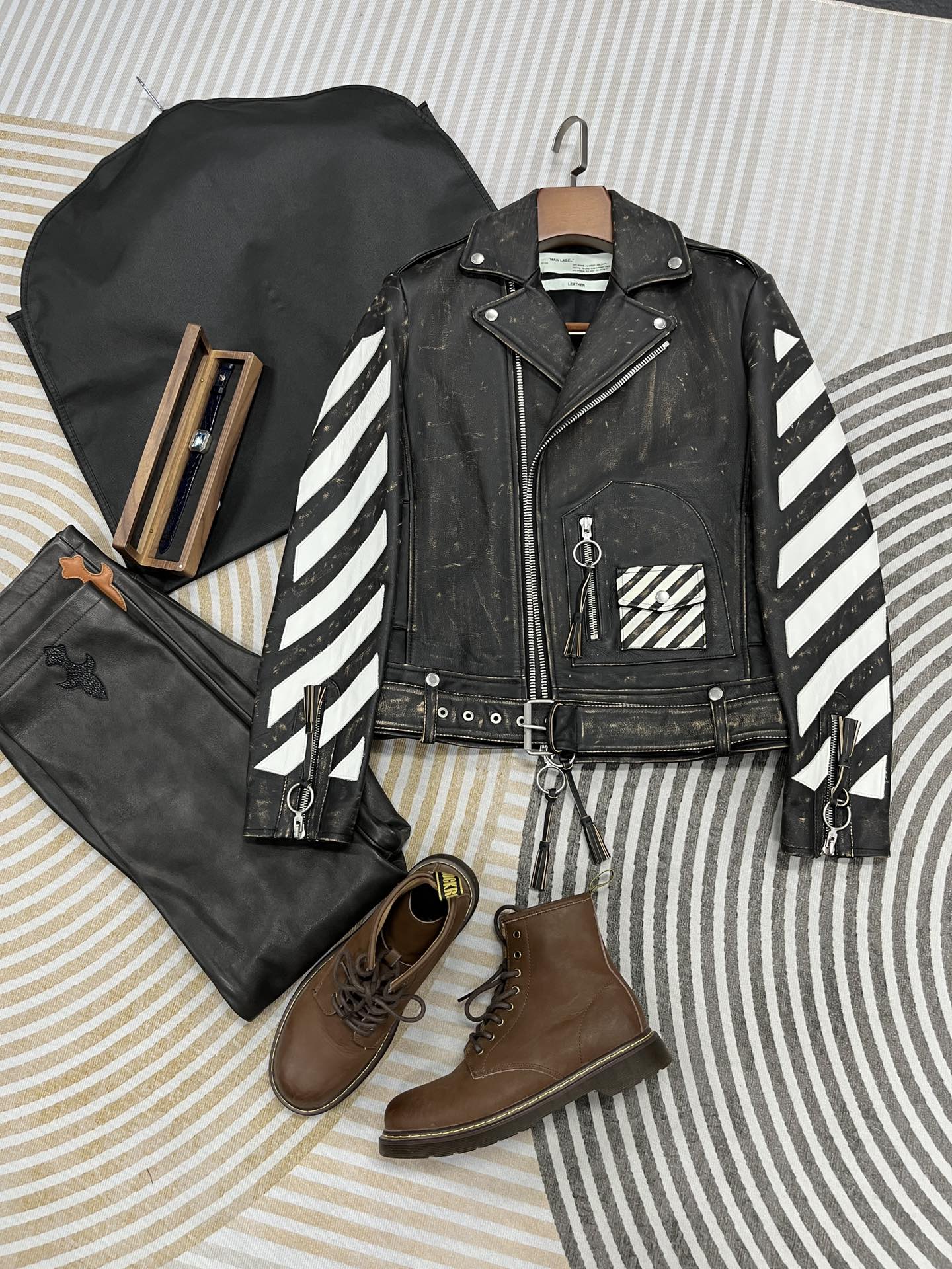 Off-White Women's Black Diagonal Stripes Leather Biker Jacket