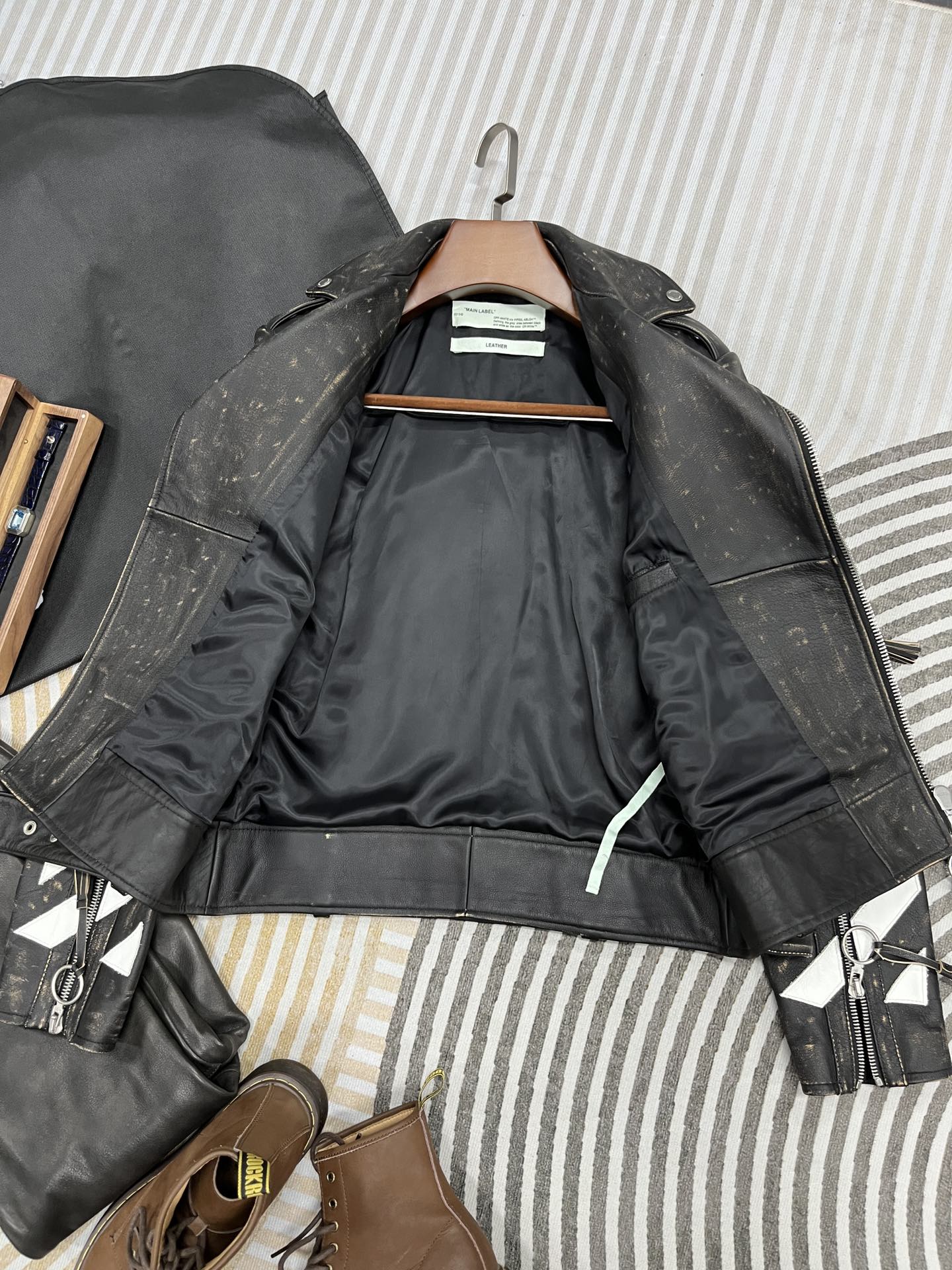 Off-White Women's Black Diagonal Stripes Leather Biker Jacket