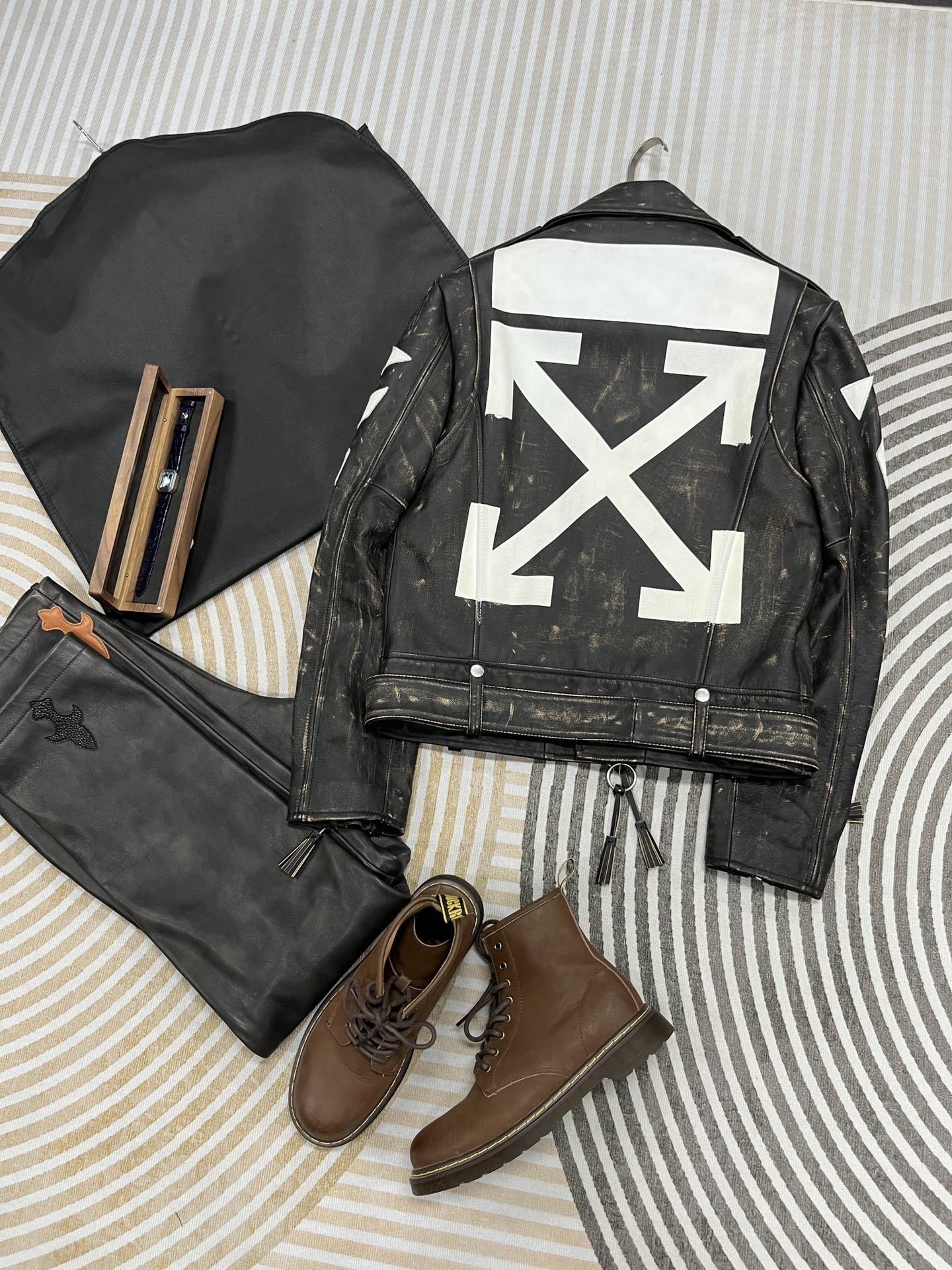 Off-White Women's Black Diagonal Stripes Leather Biker Jacket