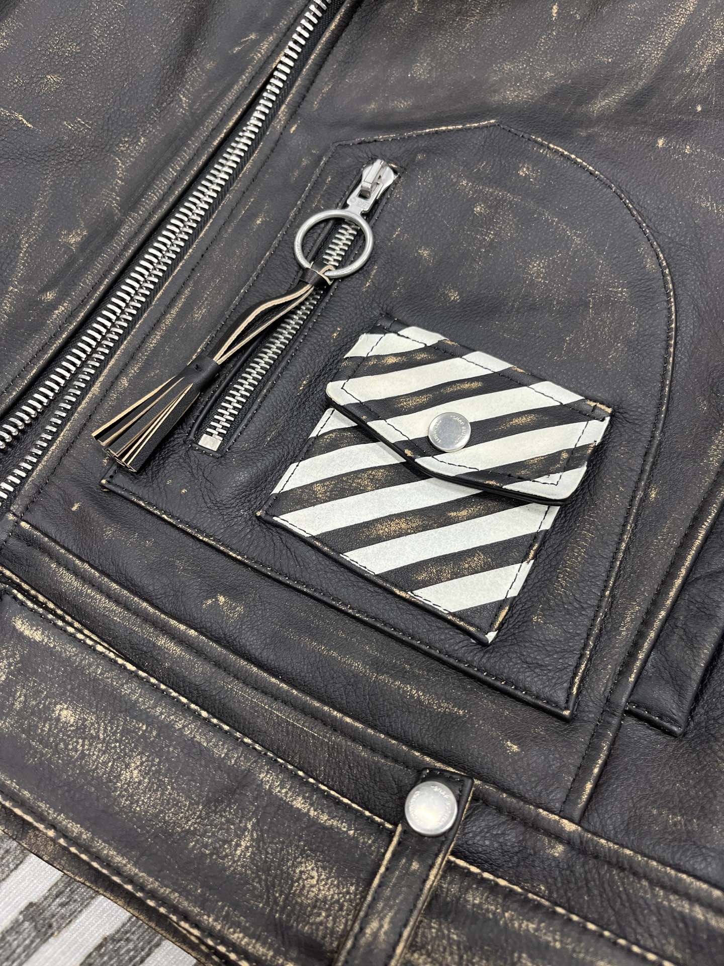 Off-White Women's Black Diagonal Stripes Leather Biker Jacket