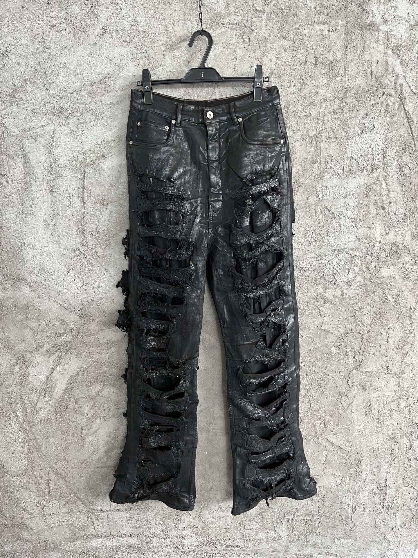 Rick Owens FW21 Black Waxed Tyrone Shredded Skinny Denim