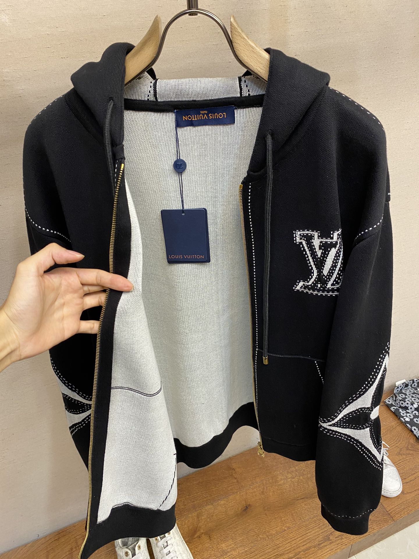 Graphic Intarsia Zipped Cotton Hoodie