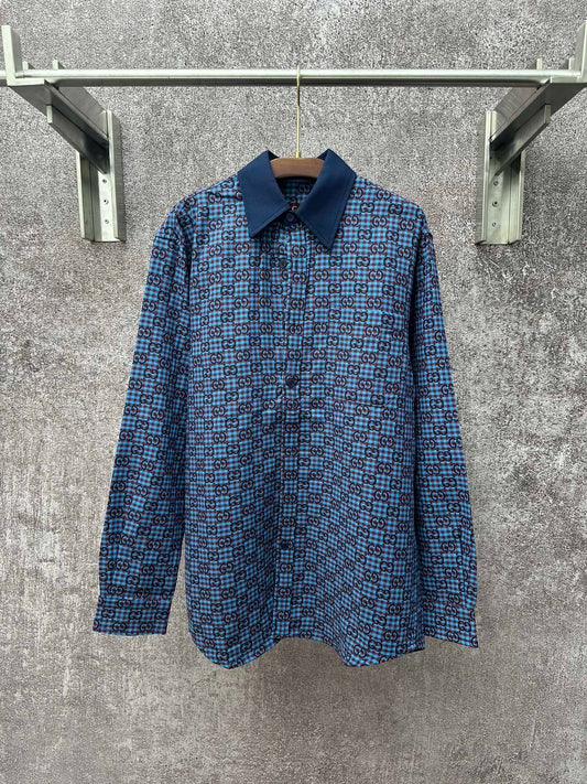 GG vichy cotton wool jacquard shirt in light blue and bordeaux