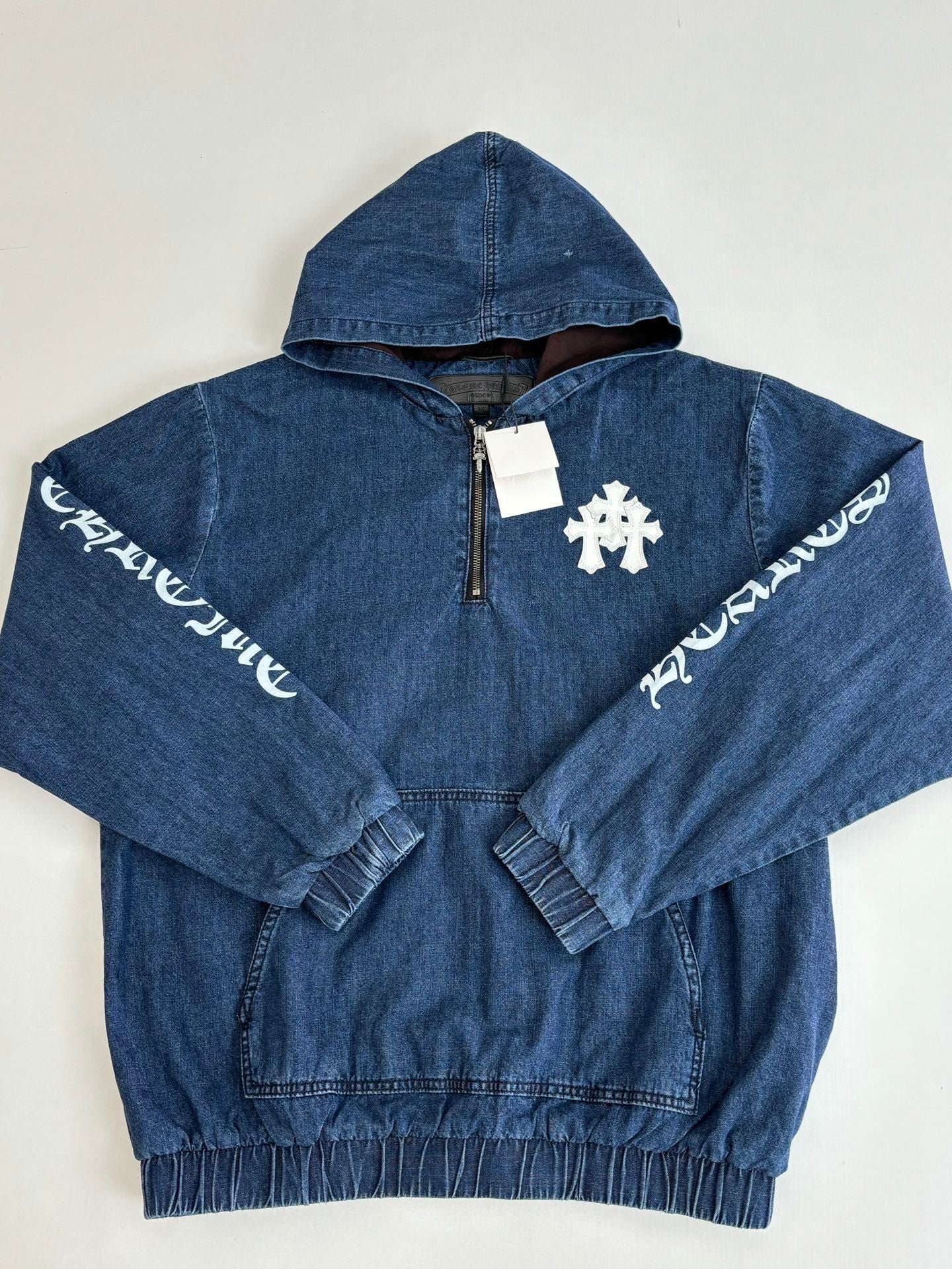 Chrome Hearts Triple white cross patch half quarter zip denim hoodie