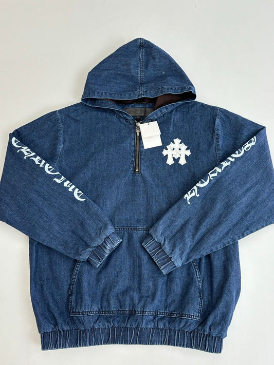 Chrome Hearts Triple white cross patch half quarter zip denim hoodie