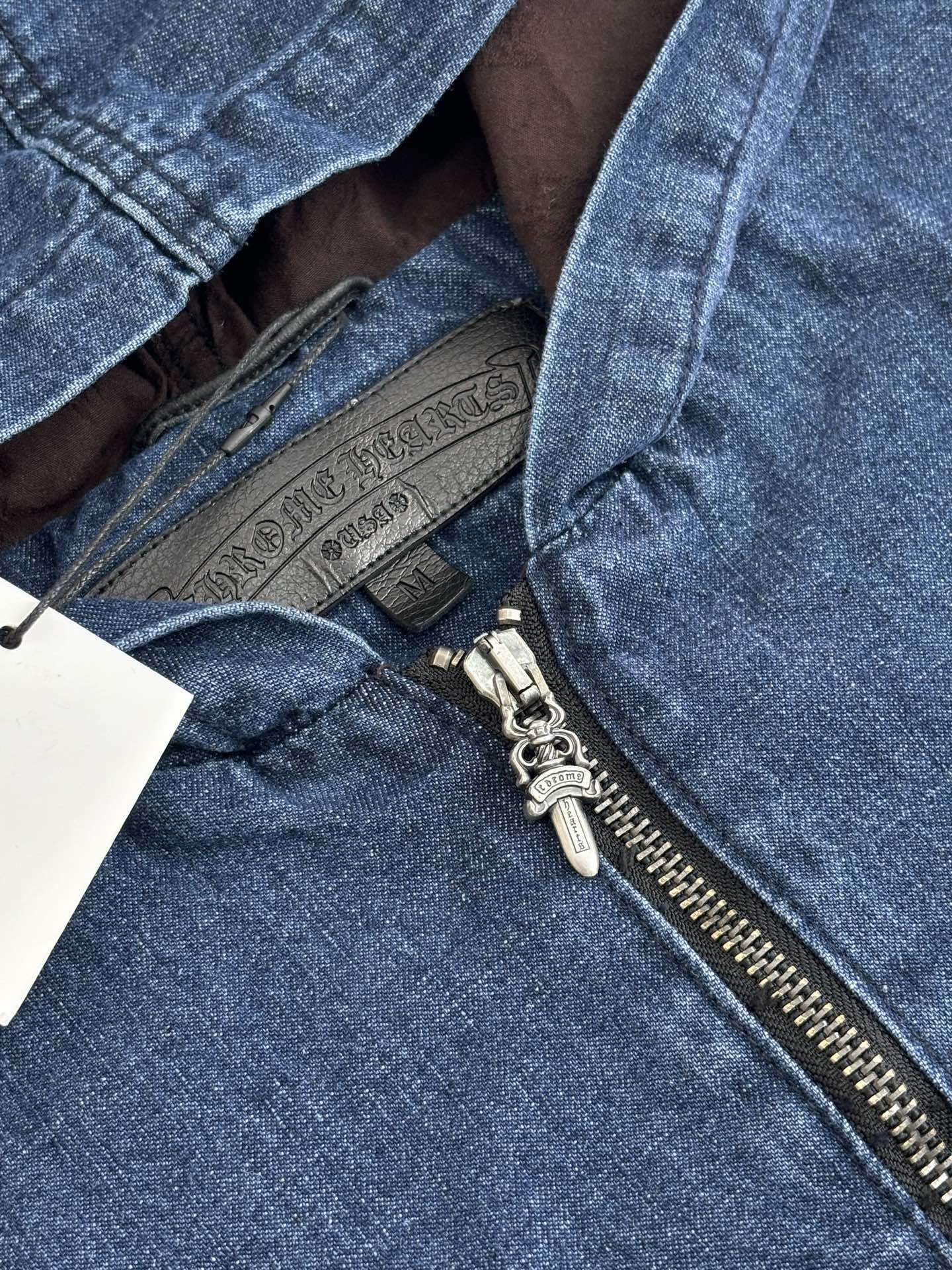 Chrome Hearts Triple white cross patch half quarter zip denim hoodie