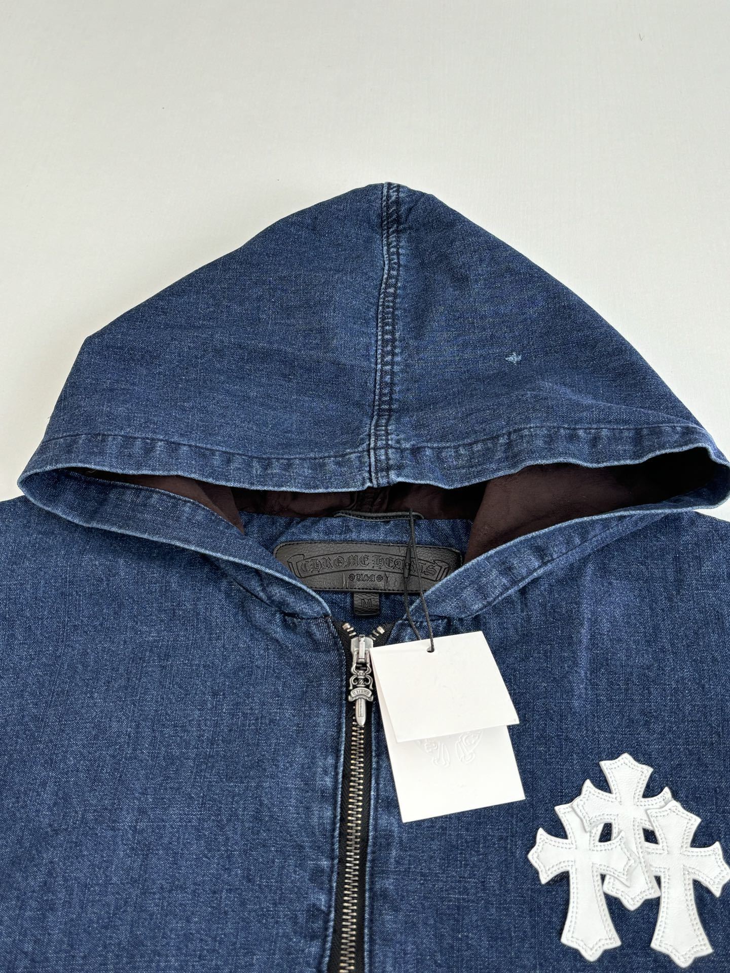 Chrome Hearts Triple white cross patch half quarter zip denim hoodie