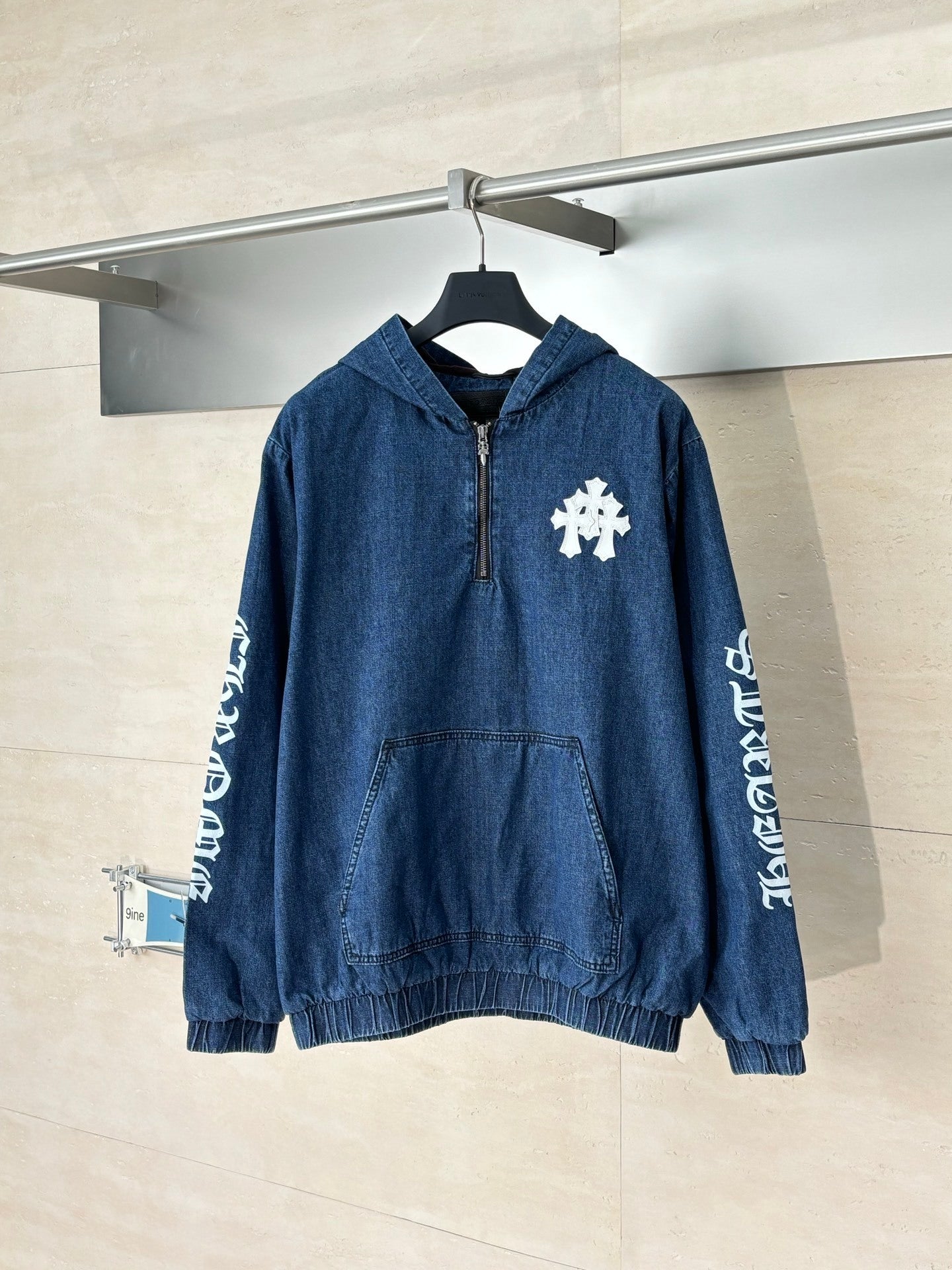 Chrome Hearts Triple white cross patch half quarter zip denim hoodie