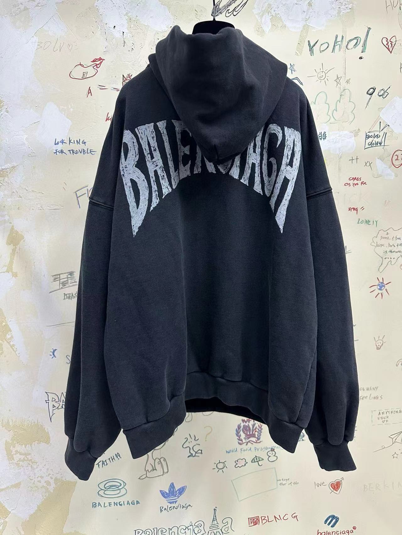 BALENCIAGA HAND-DRAWN HOODIE MEDIUM FIT IN BLACK/WHITE