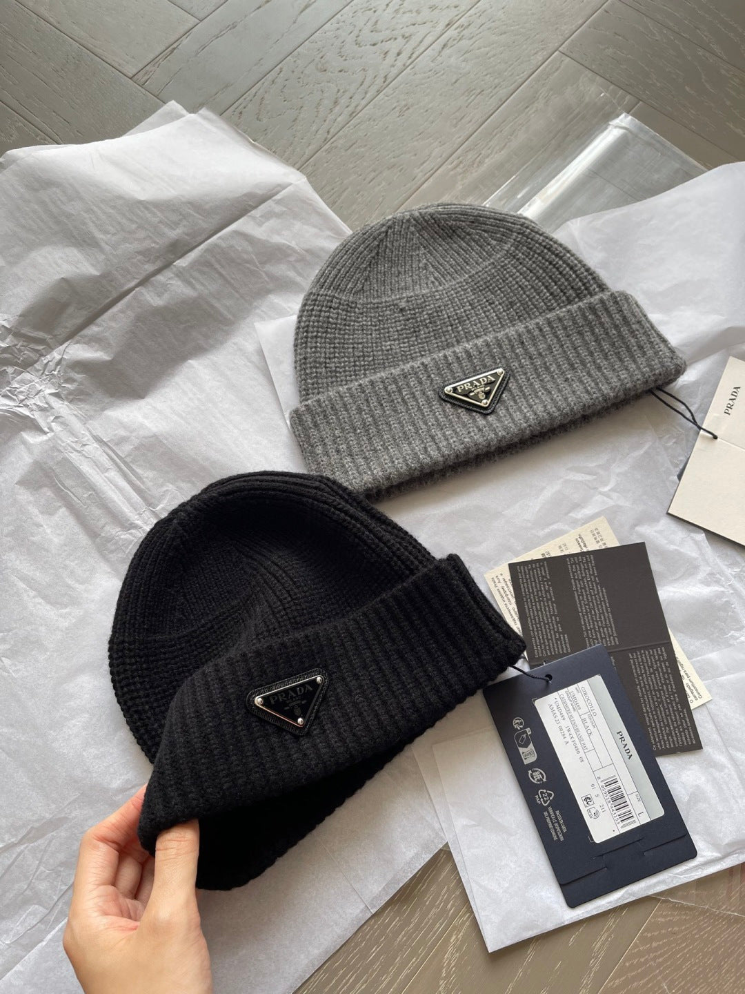 Prada triangle logo short beanie