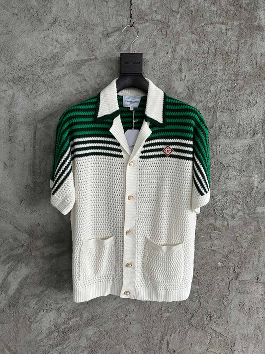Casablanca Camp-Collar Striped Crochet-Knit Cotton Shirt