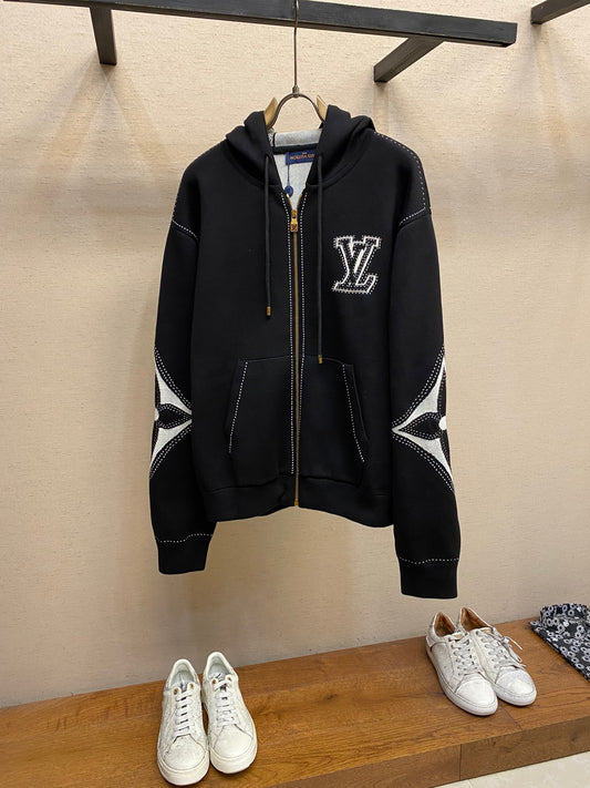 Graphic Intarsia Zipped Cotton Hoodie