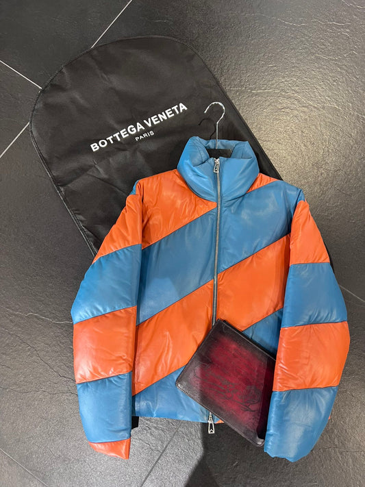 Bottega Veneta Orange/Blue Leather Puffer Jacket