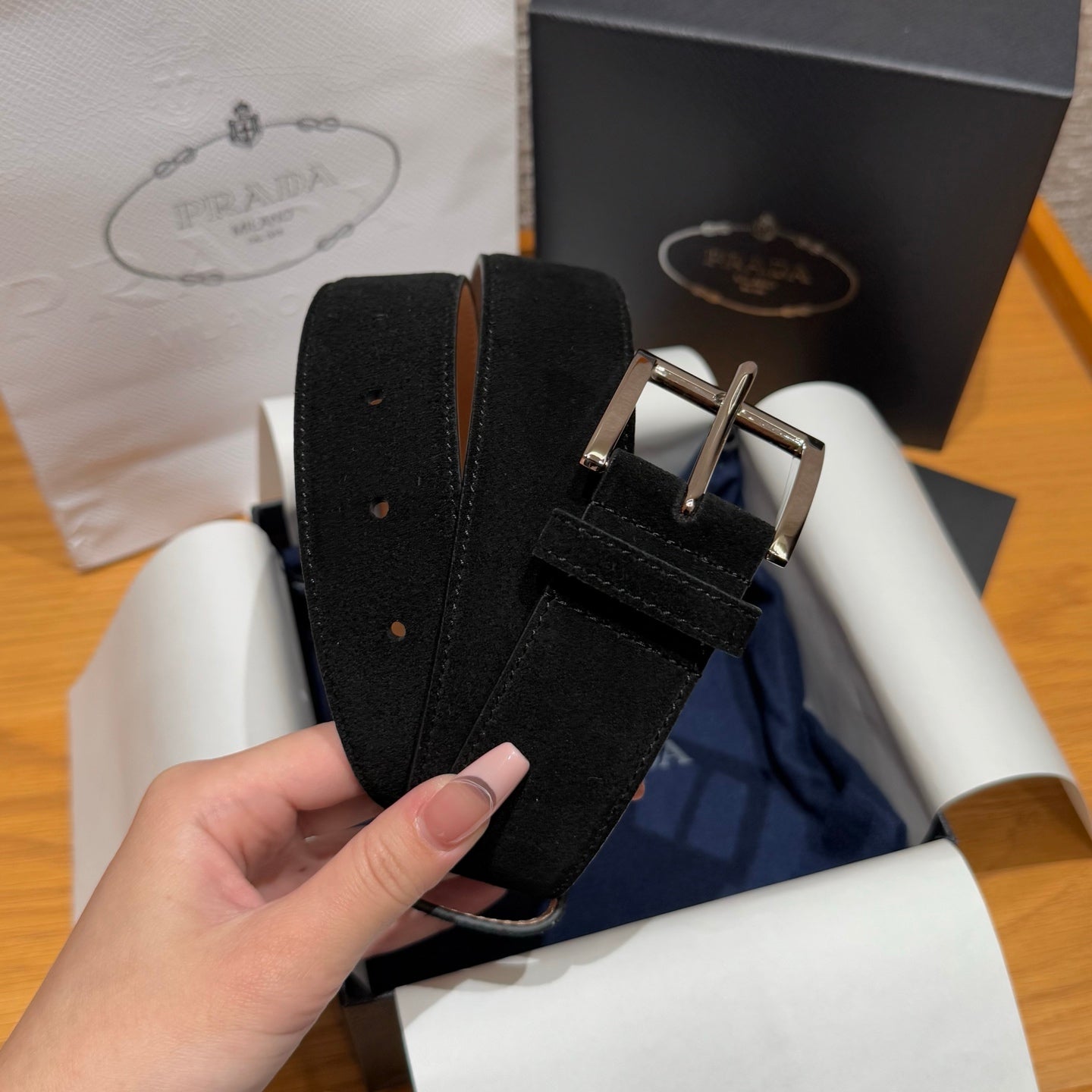 Prada suede leather signature belt