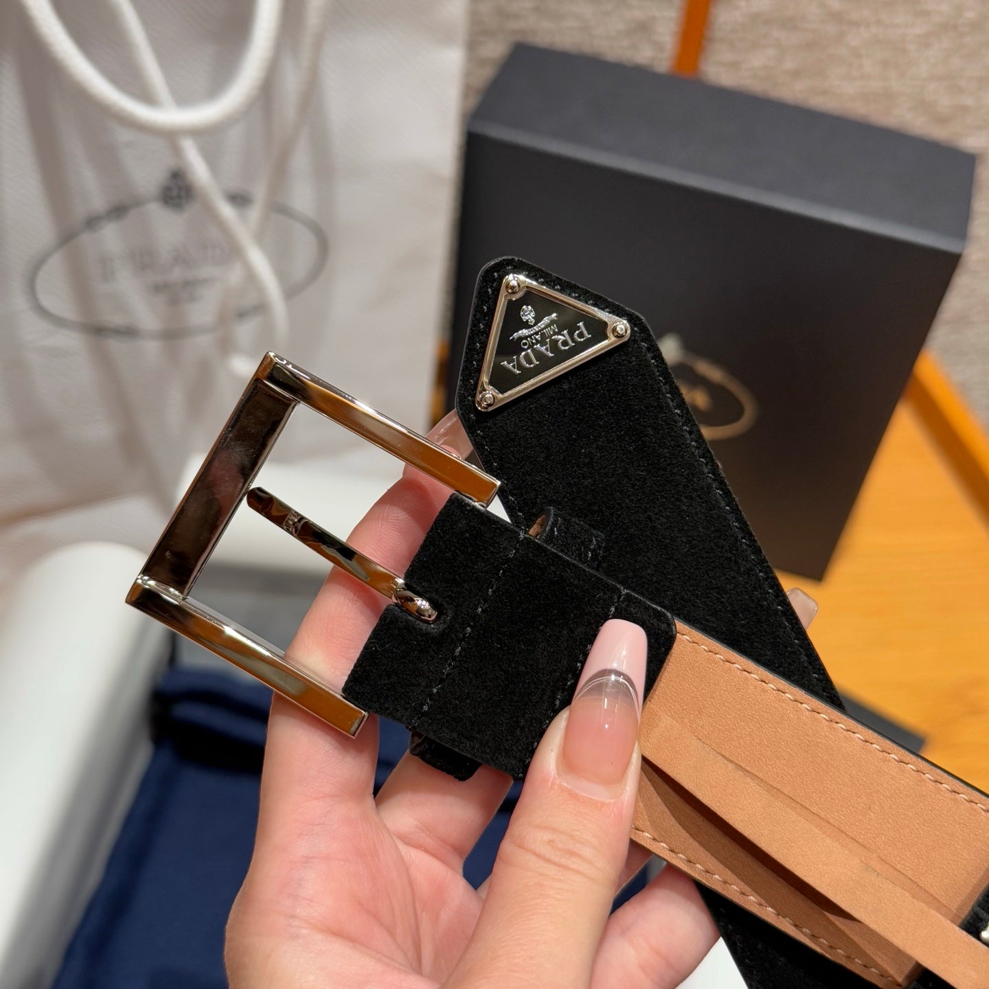 Prada suede leather signature belt