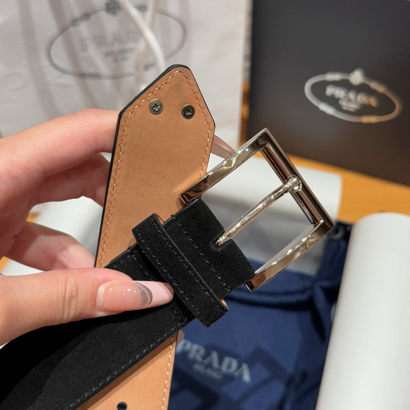 Prada suede leather signature belt