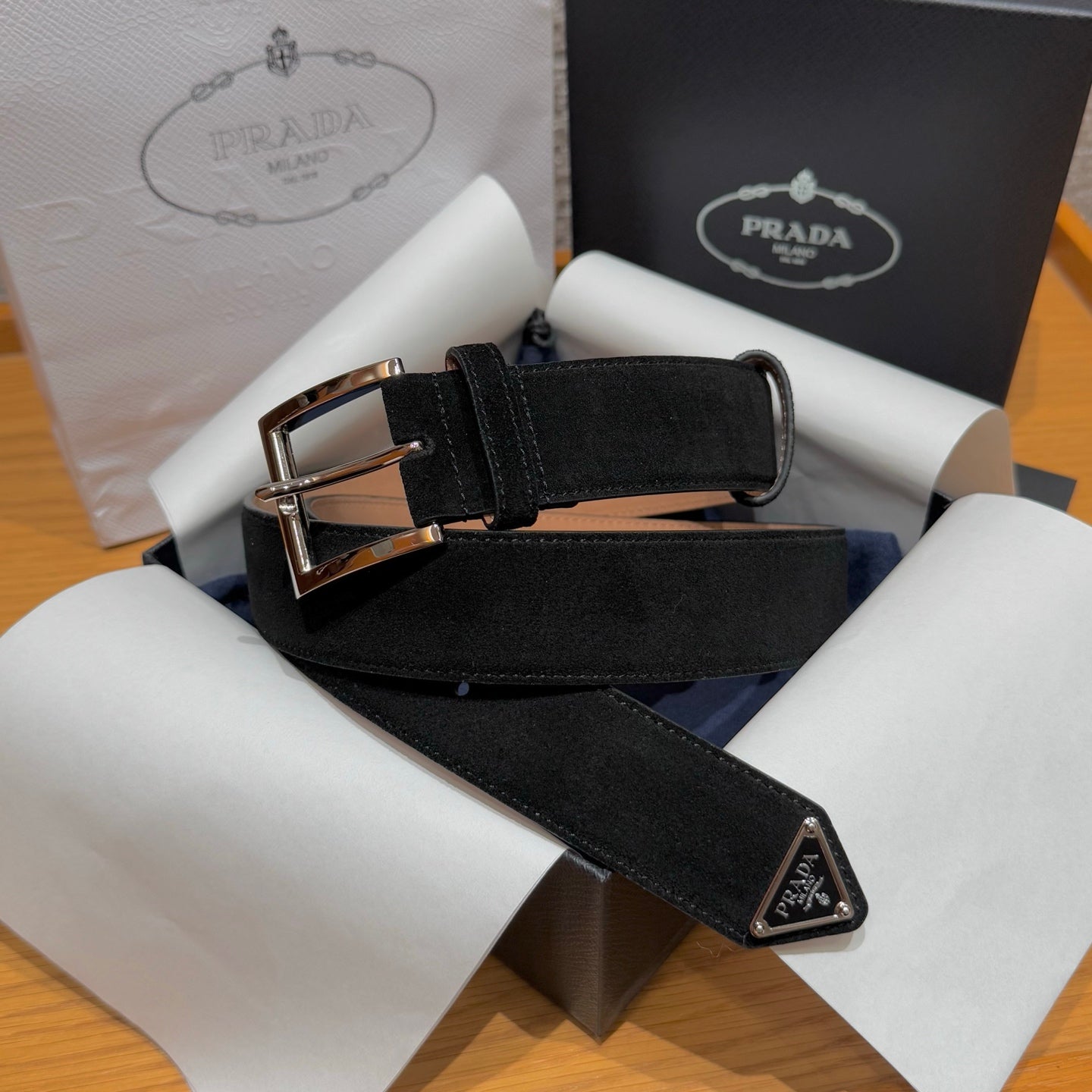 Prada suede leather signature belt