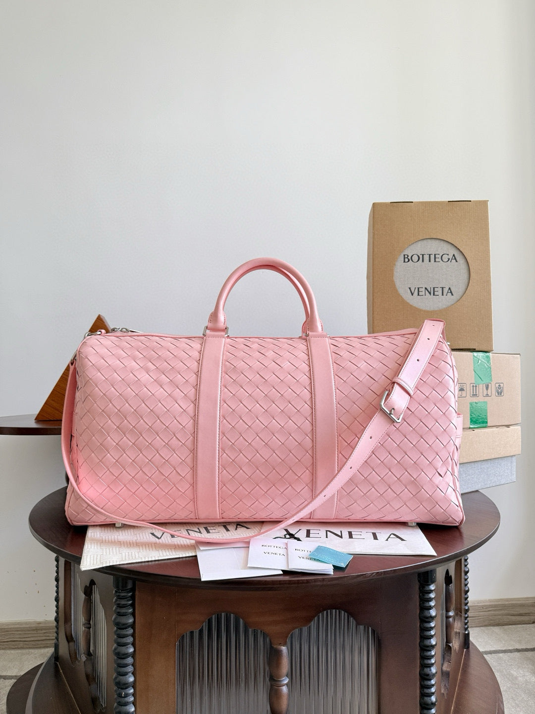 Bottega Veneta Intrecciato Cabin Duffle pink leather