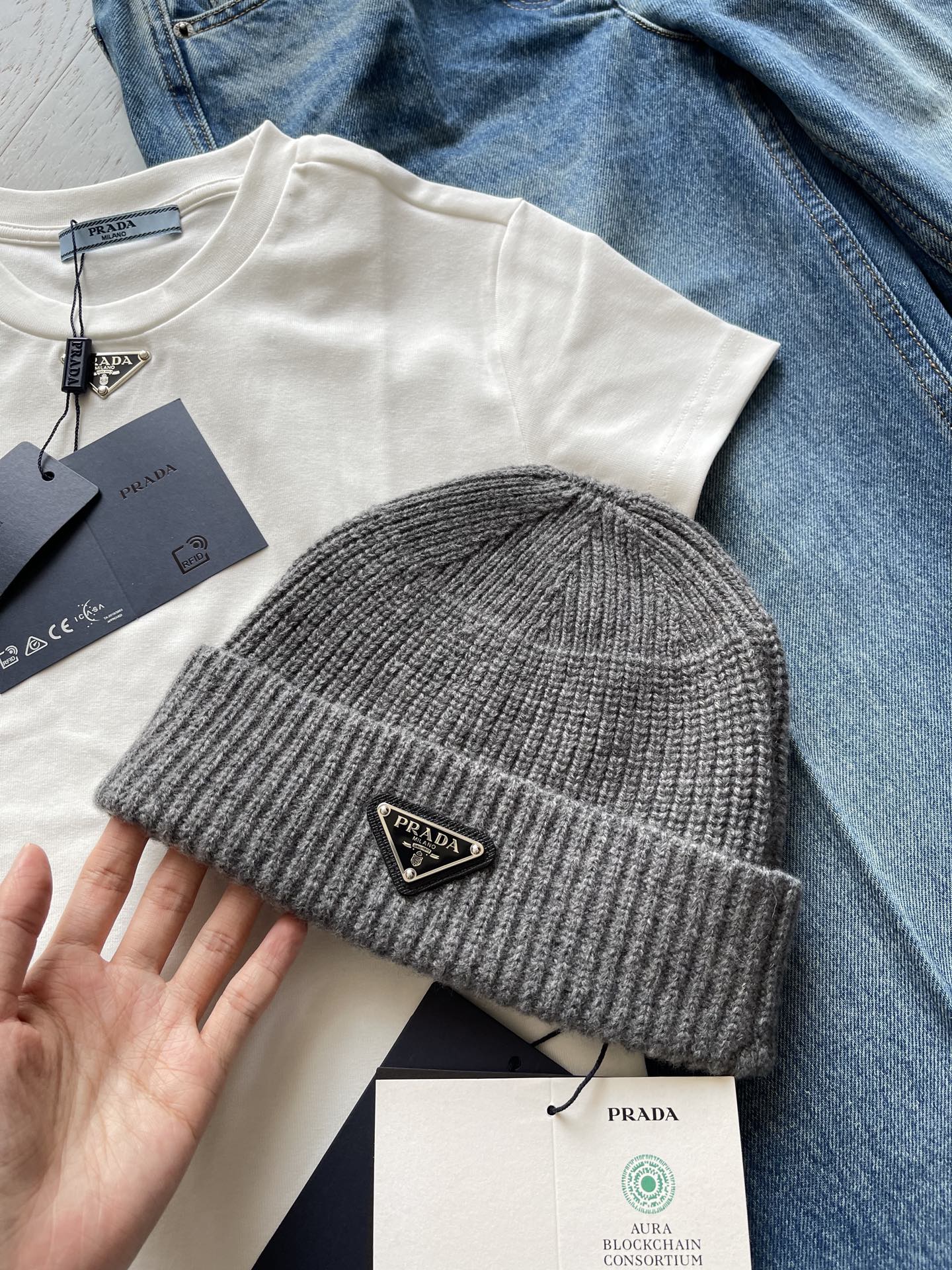 Prada triangle logo short beanie