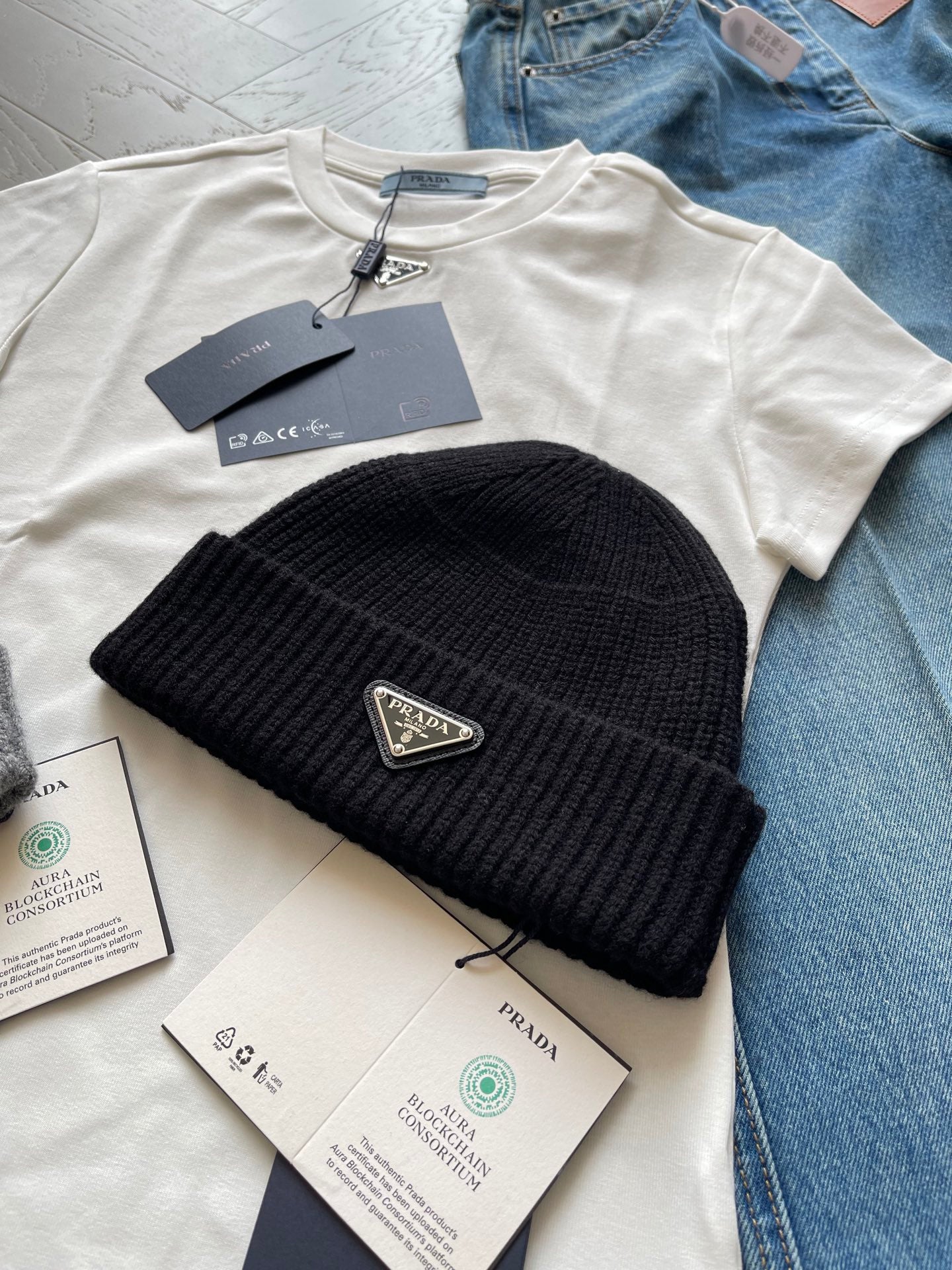 Prada triangle logo short beanie