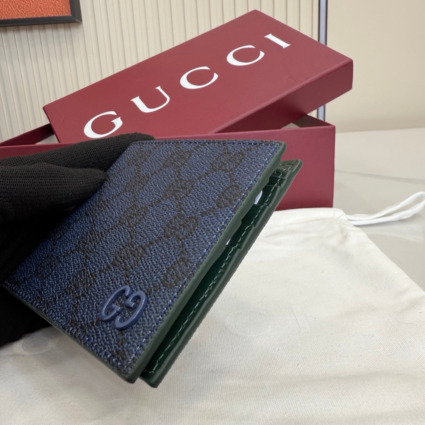 GG Green interior GG bi-fold wallet