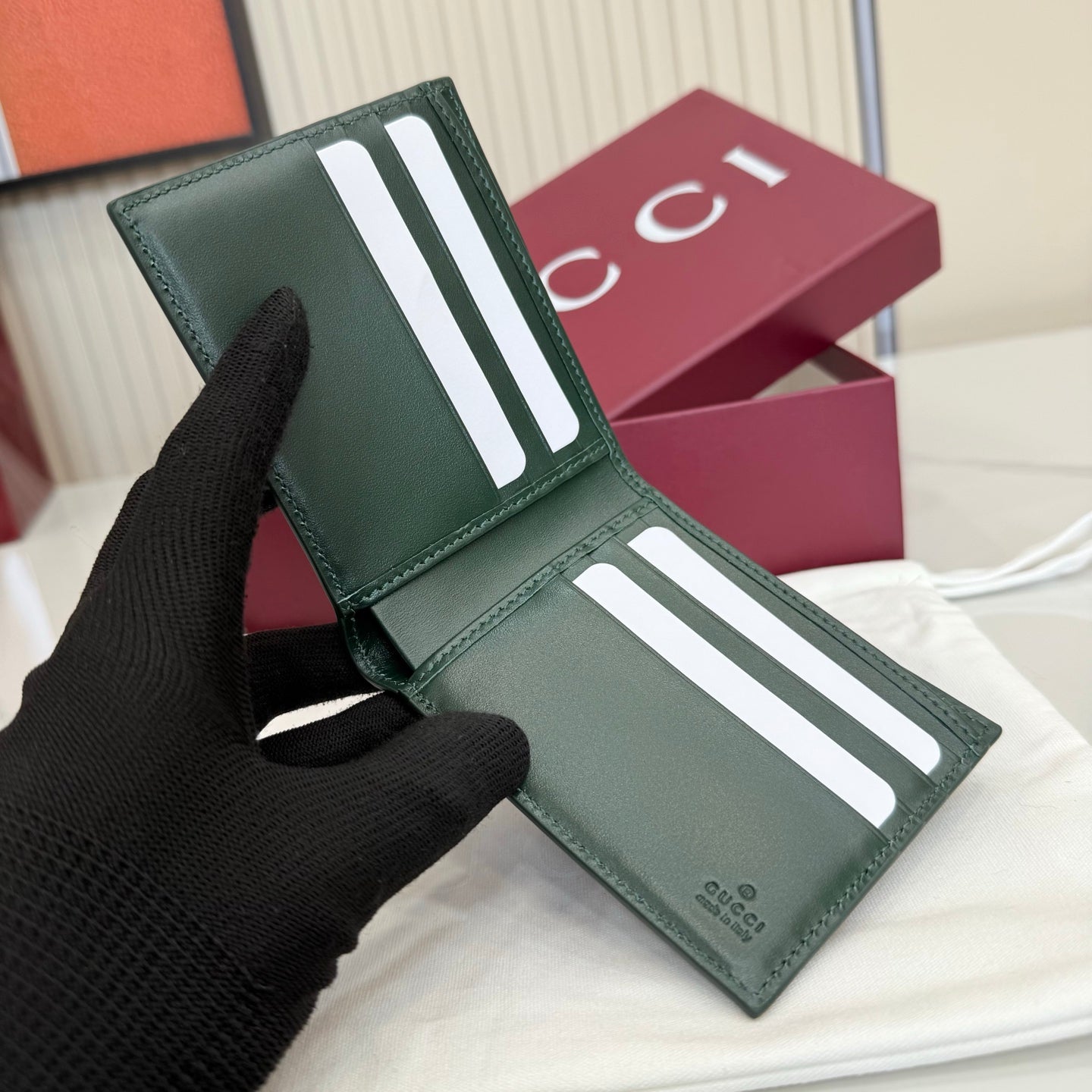 GG Green interior GG bi-fold wallet