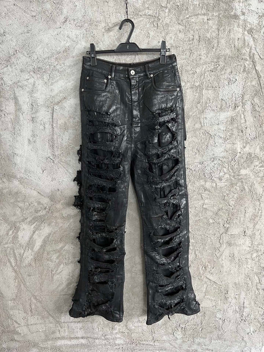 Rick Owens FW21 Black Waxed Tyrone Shredded Skinny Denim